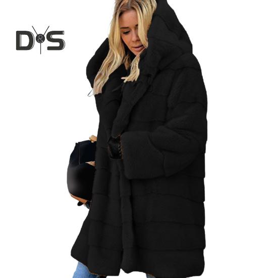 Veste d'hiver grande taille pour femme, manteau ample à capuche en fausse fourrure, manteau thermique en peluche à couches mi-longues pour le travail quotidien en extérieur