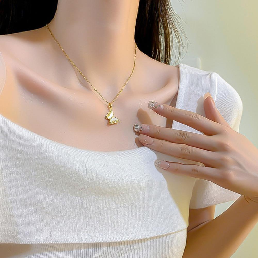 2026 Korean Minimalist White Butterfly Necklace - 18K Gold Plated Zircon Edged Pendant Collarbone Chain for Women Trendy Jewelry
