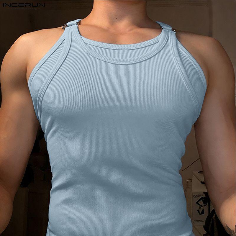 INCERUN Men Strap Sleeveless Ribbed Casual Fitted Tank Tops Sport Gym Undershirts