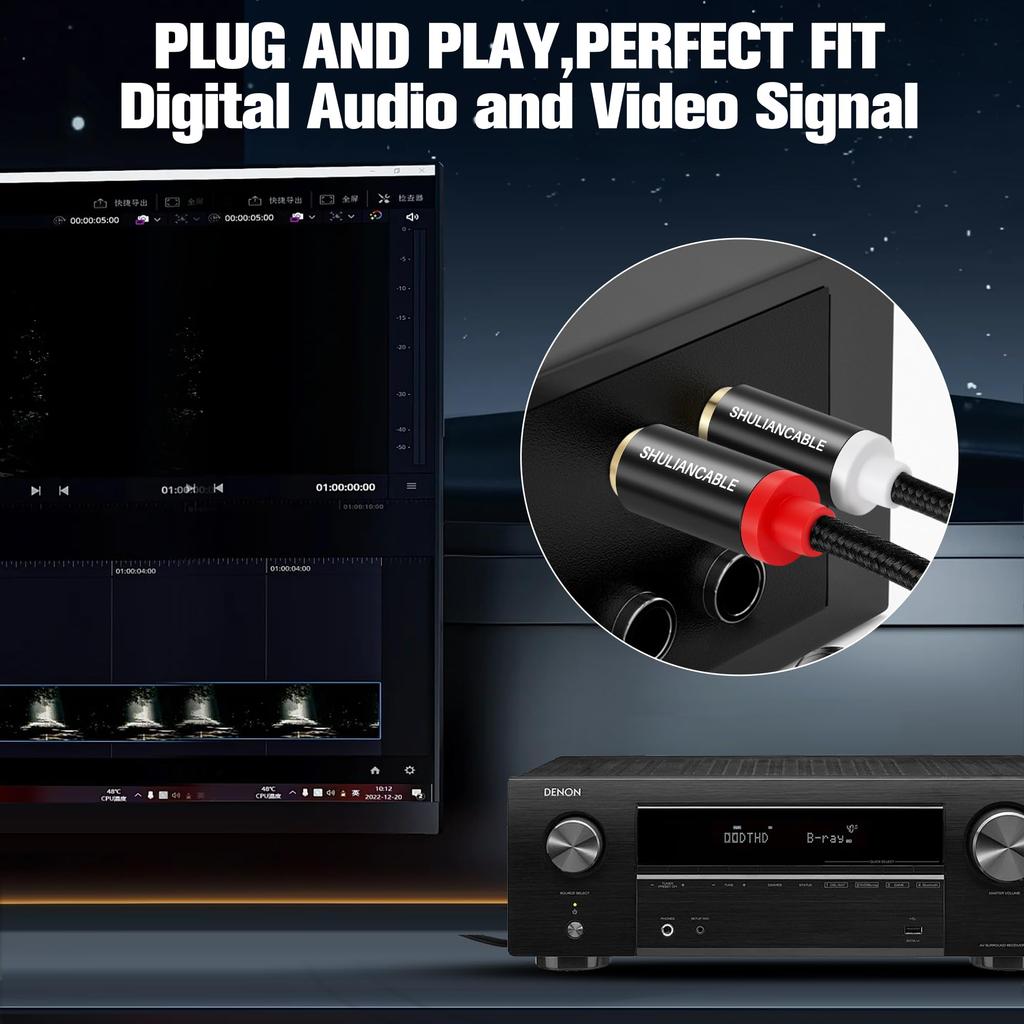 SHULIANCABLE to RCA 2 x TS to Dual RCA Stereo Audio Connection Compatible with AV Home Audio and Amplifiers 1/4" Cable, 6.35mm Cable, Receivers,