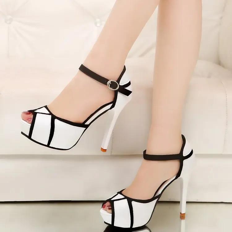 One-word Buckle Belt Color Matching High-heeled Sandals Women's Large-size Waterproof Table Fine-heeled Fish Mouth Shoes