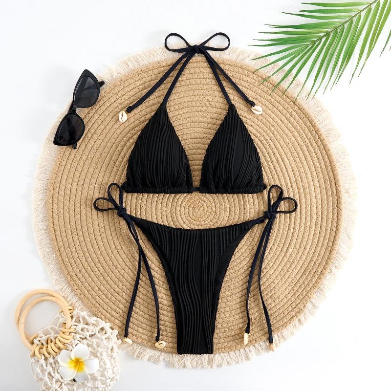 Solid color lace-up split sexy bikini women's three-point hot girl swimsuit women