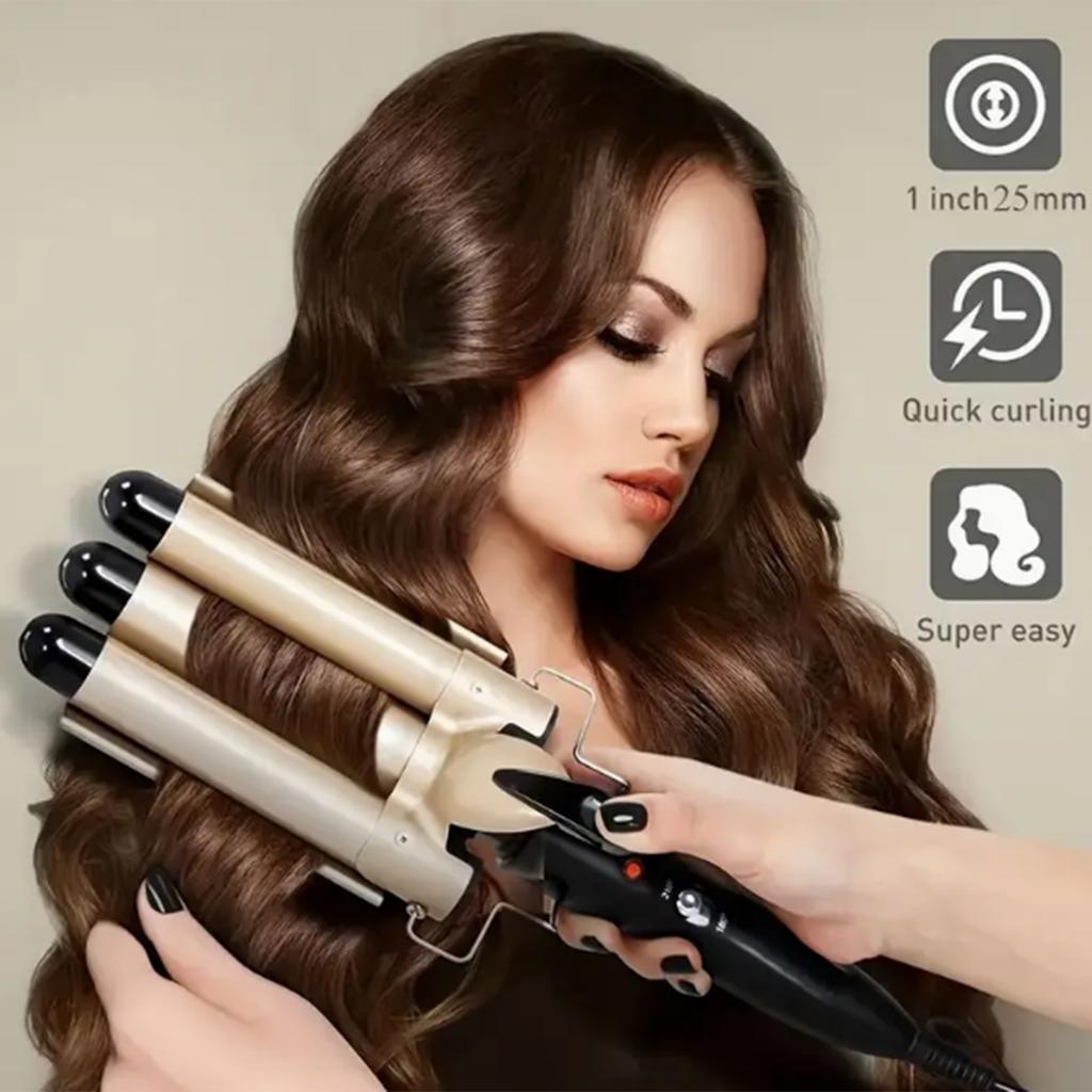 [British] Three-tube curling iron is heated quickly at two temperatures, and the wave lady portable shaper is full of waves.