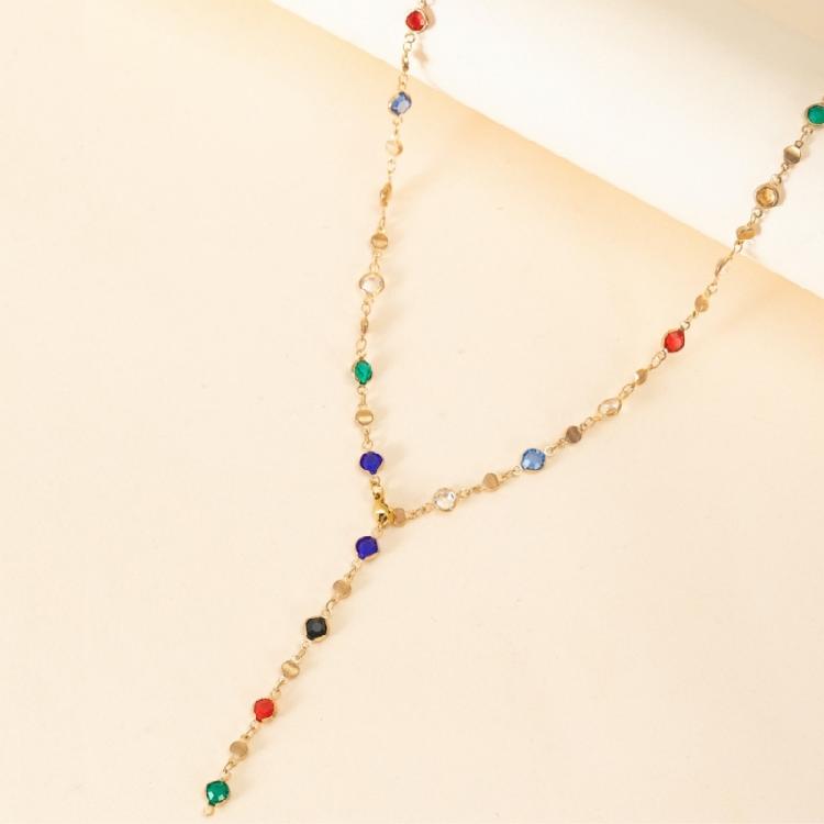 Eye Catching Colorful Crystal Neckpiece Adjustable Length Clavicle Chain Long Y-Shaped Neckchain for Fashion Ladies