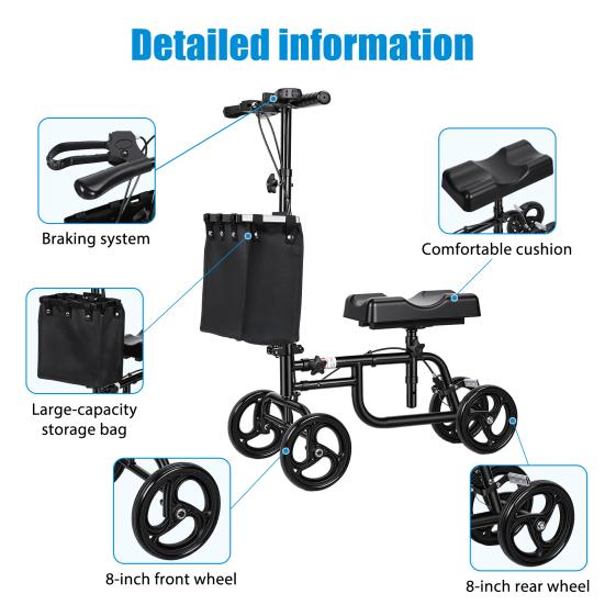 Steerable Leg Scooter Knee with Rear Wheel Brake Locking Handbrake, Crutches Alternative Adults Walker All-Terrains Canvas Bag, Adjustable for Broken