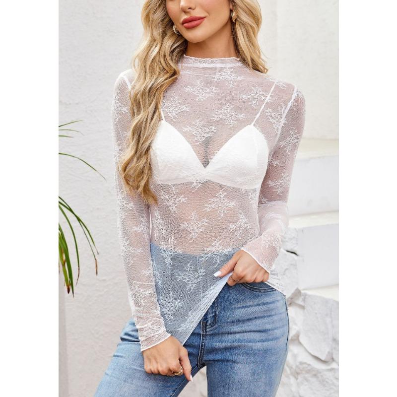 Women Sexy Slim Fit Lace Mesh Long Sleeve Pullover Bottoming Shirt