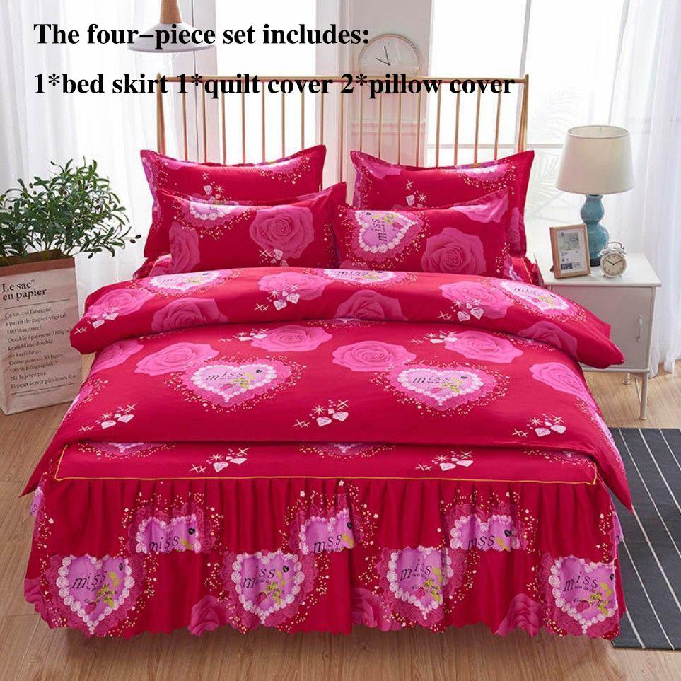 Czteroczęściowe Falbany na Łóżko Narzuty Pokrowce na Łóżko Poszewki na Poduszki Antypoślizgowe Drukowane Prześcieradła Pościel Lekki Luksus