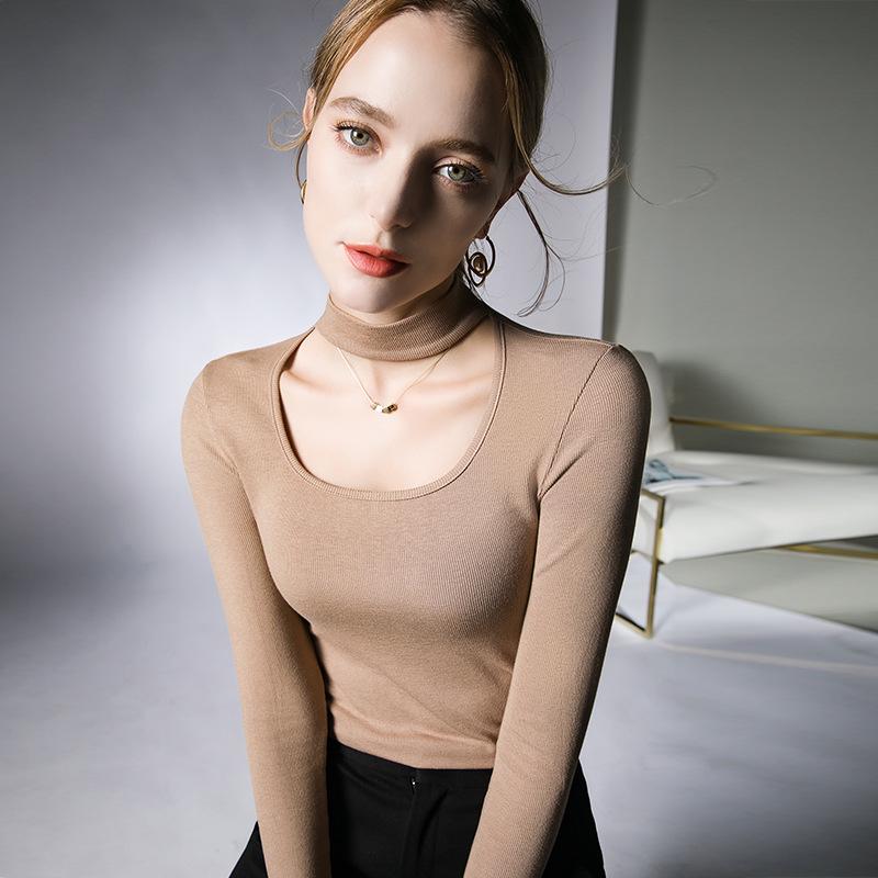 Hollow-Out Collarbone Halter Neck Fashion Tops for Autumn and Winter