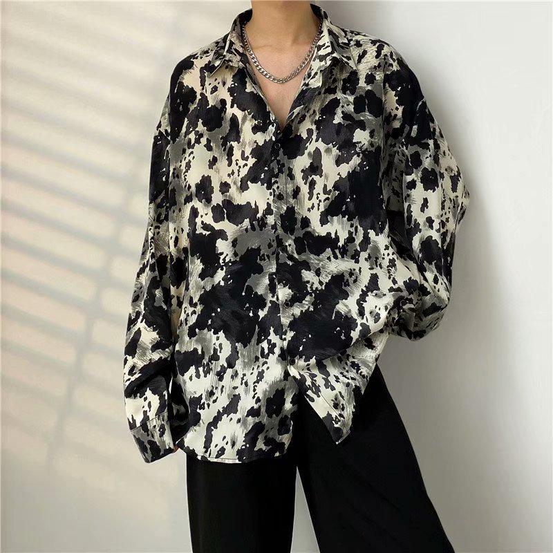 Men's Japanese-Style Full Print Long Sleeve Shirt - Casual, Trendy, Hong Kong-Style Cardigan for Spring/Autumn