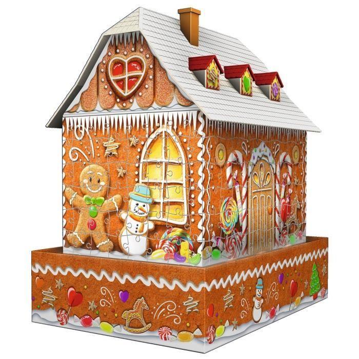Puzzle 3d maison de noël en pain d'épices - ravensburger - monument 257 pièces - sans colle - change de couleur - dès 8 ans