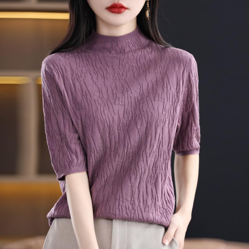 Women Knit T-shirt Summer Knitted Shirt Short Sleeve Tees Spring Pullover Knit Tops