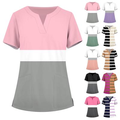 Ropa de trabajo de manga corta con cuello en V para mujer, Tops estampados con bolsillos, Tops de verano para mujer