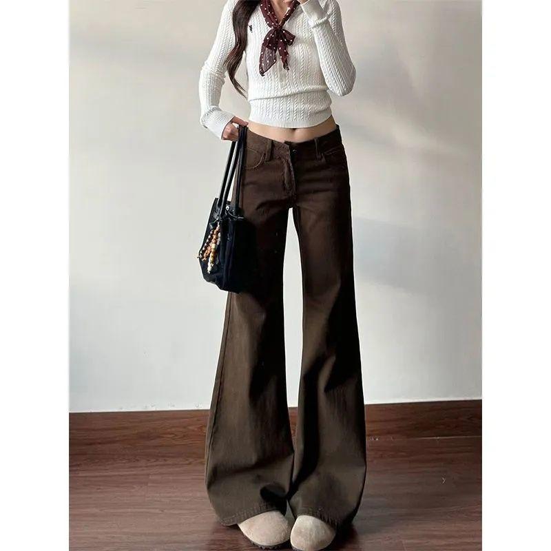 Retro Coffee-colored Slightly Pulled Jeans for Women's Autumn Low-rise Without Sticking To the Legs, Thin and Versatile Straight-leg Floor Pants