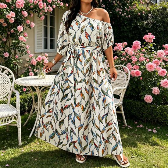 Damen Floral One Shoulder Maxikleid Kurzarm A-Linie Schwingend Langes Kleid Formelles Abendparty Hochzeitsgastkleid mit Gürtel