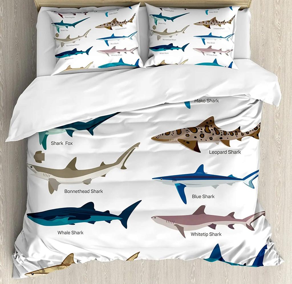 Shark Duvet Cover Set Types of Sharks Pattern Duvet Cover Set Bedclothes Pillowcase Double Queen King Size Polyester Bedding Set