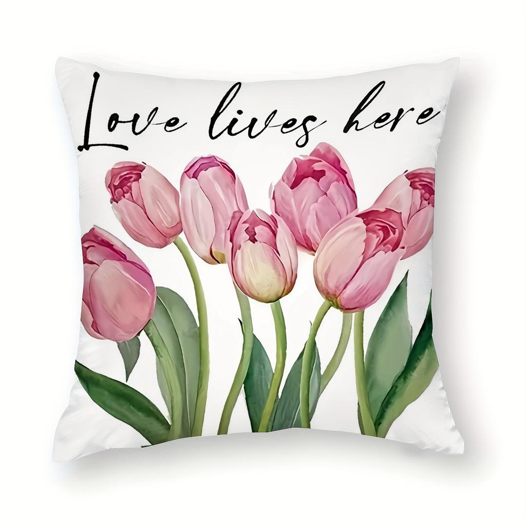 Pink Spring Tulip Print Home Decor Pillowcase Bedroom Living Room Sofa Decoration Polyester Cushion Cover with Zipper