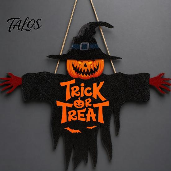 Natural Hemp Rope Pendant Halloween Wooden Hanging Door Sign, Scarecrow Pumpkin Wizard Ornament, Trick or Themed Decor Treat Plaque, Rustic Party Wall