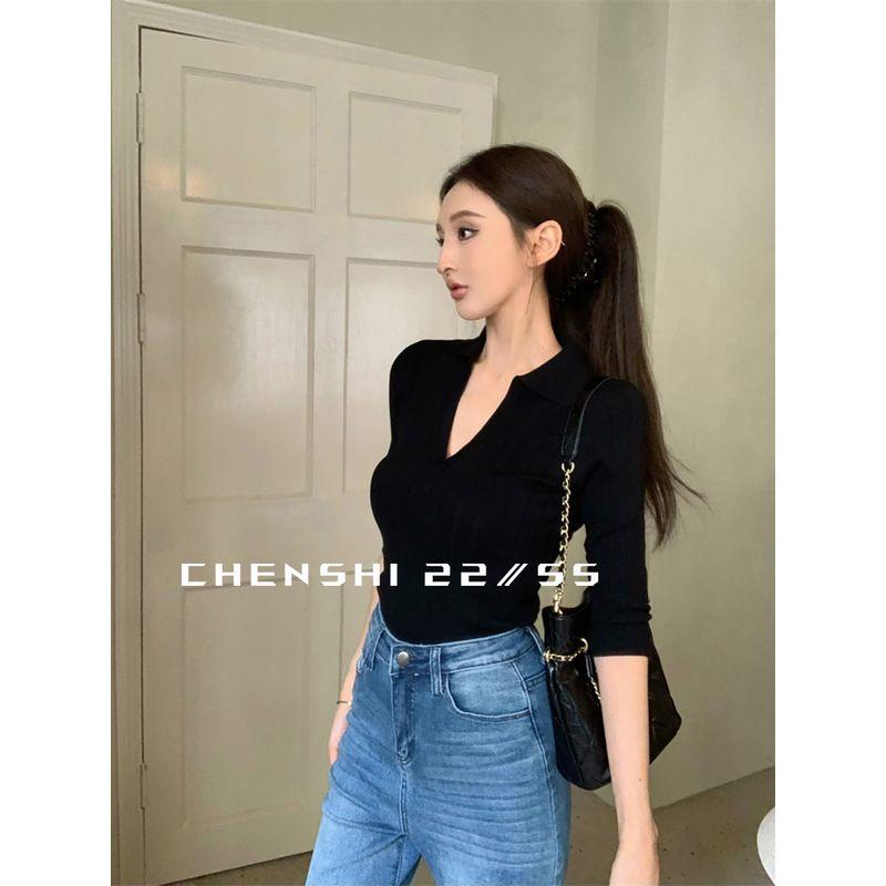 

Chen Shi [Minimalist Free] Vertical Stripes V-neck Half Sleeve Slim fit Fleece Polo Sweater T-shirt Top Black S