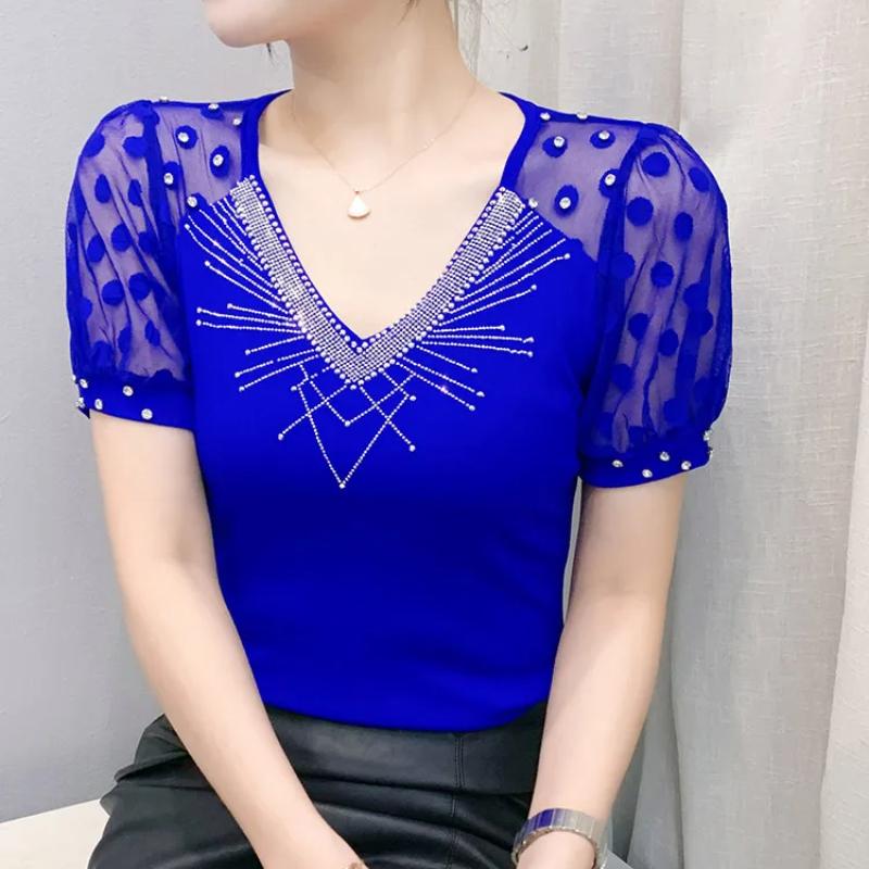 Summer New Mesh T-shirt Shiny Hot Diamonds Tees Sexy V-neck Short Sleeve Women's Tops Fashion Classic Girl Streetwear Blouse