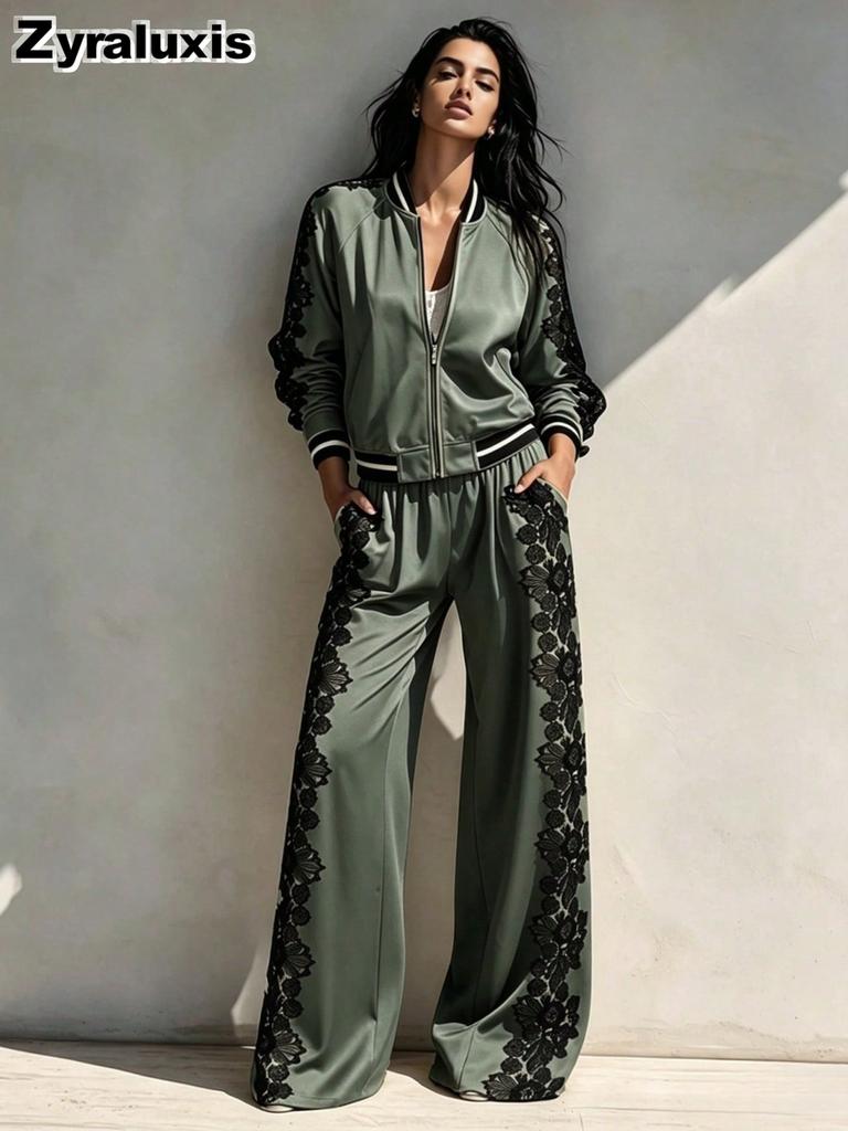 Fitness-Set Spitze Patch Reißverschluss Jacke Weite Hosen Zweiteiliges Outfit