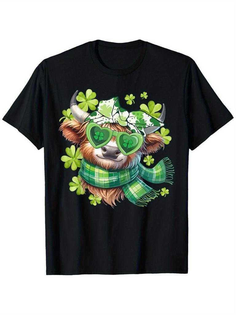 St Patrick Highland Cow Graphic Tee Funny Clover Print Casual Cotton Crewneck T-Shirt for Men Women