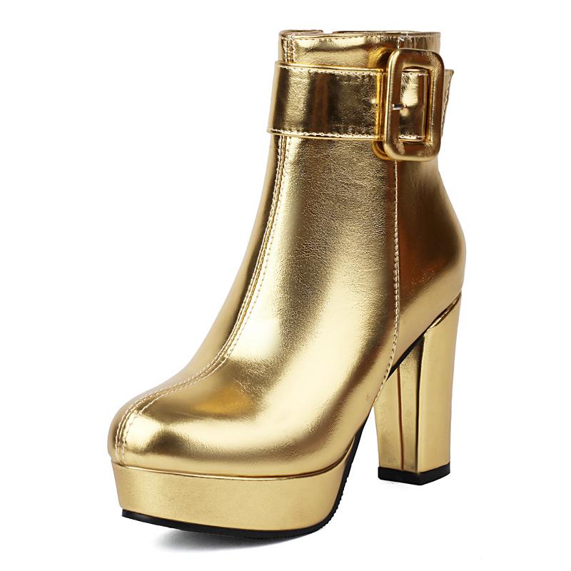 Metallic Red Gold Platform Ankle Boots Women High Chunky Heels Silver Pink Party Dress Lady Winter Plush Punk Buckle Short Boots