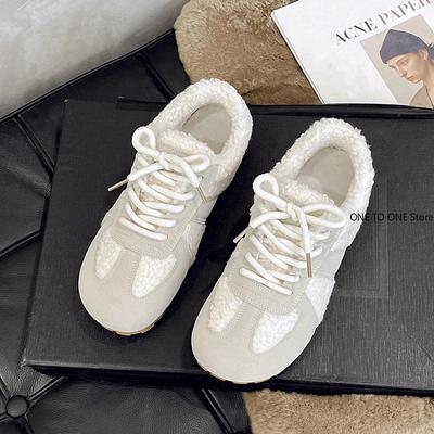 Moda 2025 Zapatillas Peludas Mujer Ante Colores Mezclados Patchwork Antideslizantes Cordones Cálidas Casual Invierno Zapatos de Señora Hechos a Mano Tenis Feminino