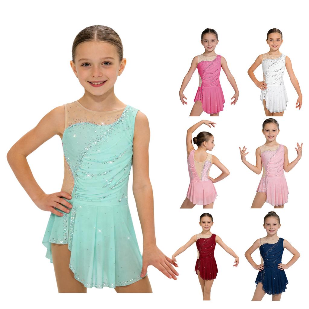 Tuta da Ginnastica Ritmica per Bambini Pattinaggio Artistico Balletto Danza Lirica Leotard Abito Senza Maniche Arricciato Abito con Strass