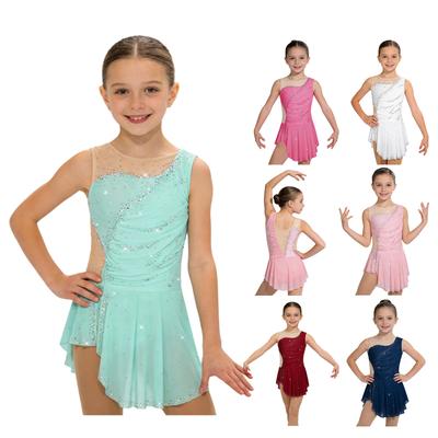 Girls Figure Skating Dress Sleeveless Sparkly Rhinestones Ruched Mesh Built In Briefs Dancewear
