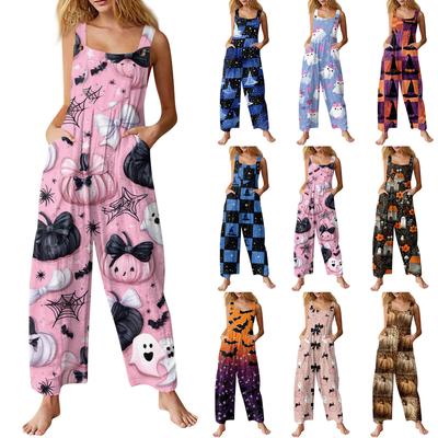 Women's Fashion Halloween Print Casual Vintage Sleeveless Button Jumpsuit