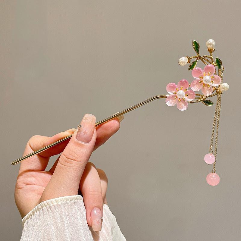 Classic Chinese Double Flower Hair Stick Pins for Women Flower Beaded Tassel Handmade Hairpins Jewelry Accessories Hair Ornament