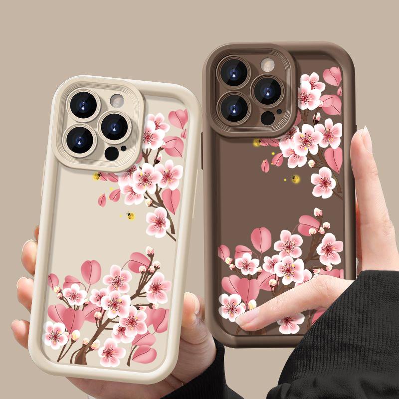 Für iPhone 16 Pro Max 15 Pro 14 Plus 13 12 11 XS 8 7 Telefonhülle Rosa Blumendruck Matte Stoßfeste Linsenschutz TPU Weiche Stoßstangenabdeckung