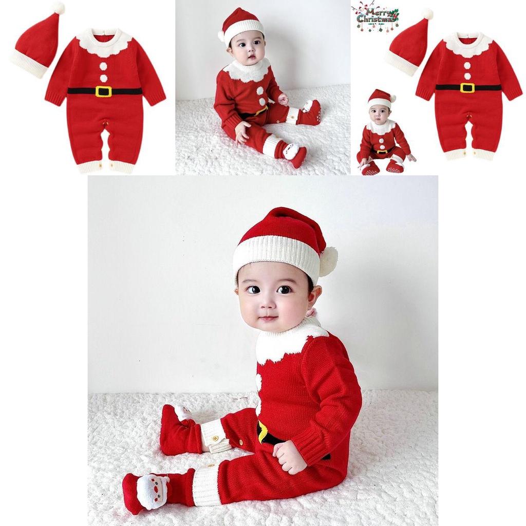 Adorable Christmas Baby Knitted Romper Jumpsuit Outfit W/ Santa Claus Sweater Hat