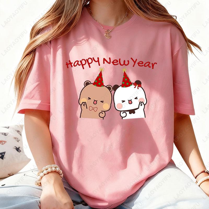 Happy New Year Bubu Dudu Emoticon Graphic Tshirt Trendy Fun New Year Tees Fashion Streetwear Cartoon Holiday Party Cotton Tees