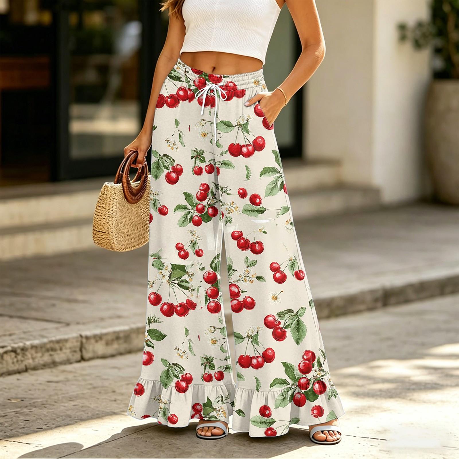 Women s High Waist Wide Leg Pants with Pockets - Drawstring Casual Long Printed Pants S