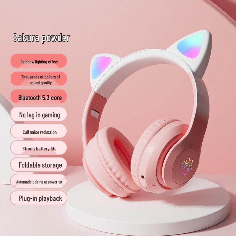 Popular Gradient Cat Ear Bluetooth Headphones, Cute & Trendy, with Long Battery Life for Wireless Sports & Gaming.