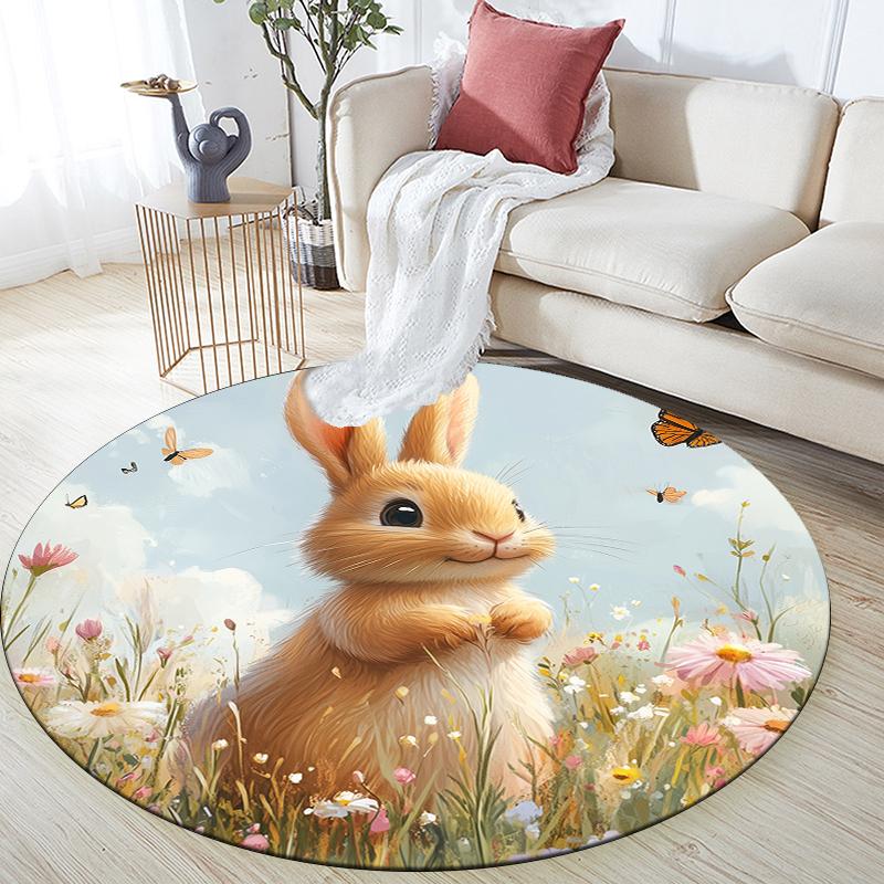 Rabbit and Flowers pattern round rug,Carpet Rug for Living Room Bedroom Sofa Playroom Decor,Non-slip Floor Mat,Holiday Gifts and Birthday Gifts