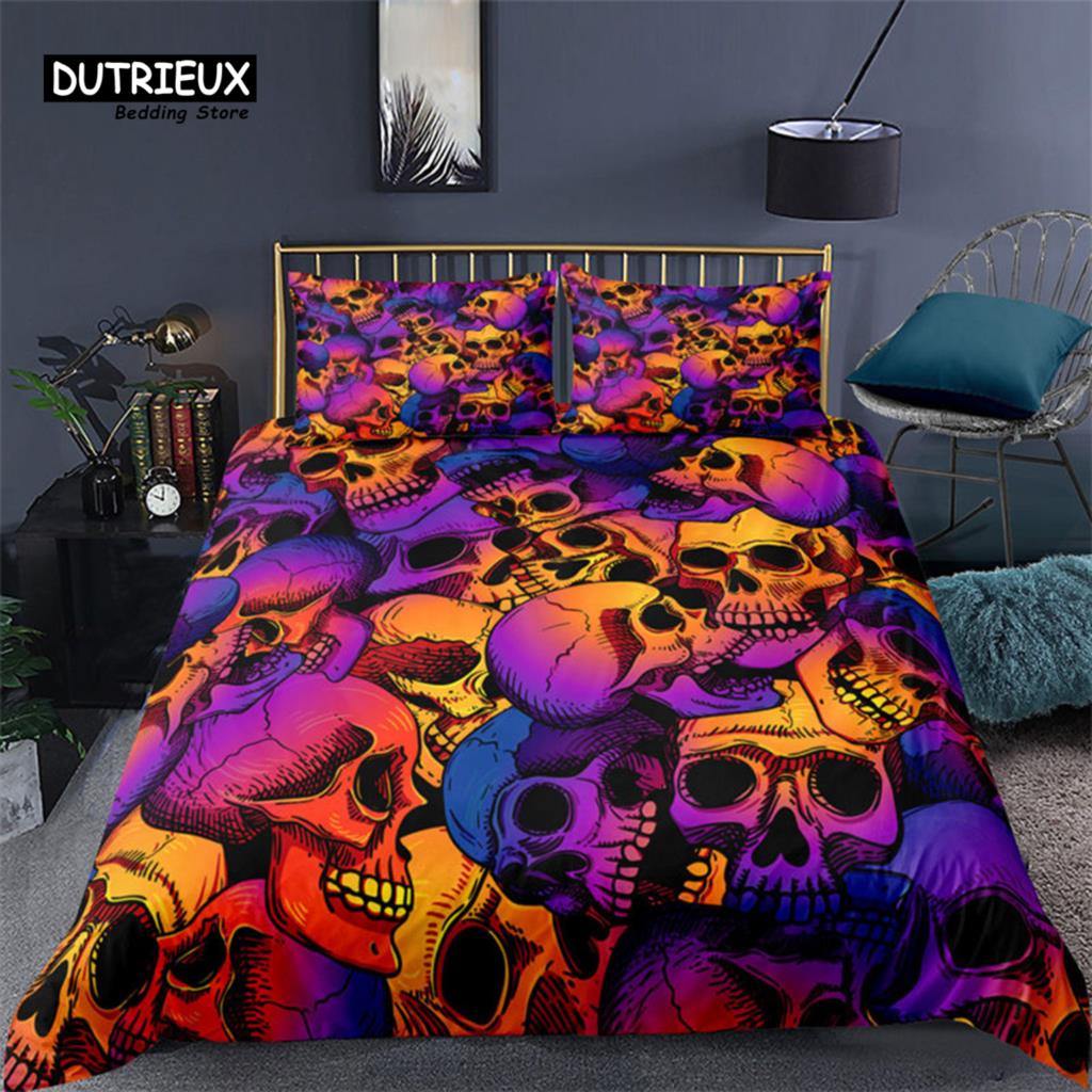 Colorful Sugar Skull Skeleton Quilt Cover Gothic Skull Bedding Set Queen Size Microfiber Horror Theme Feather Black Duvet Cover