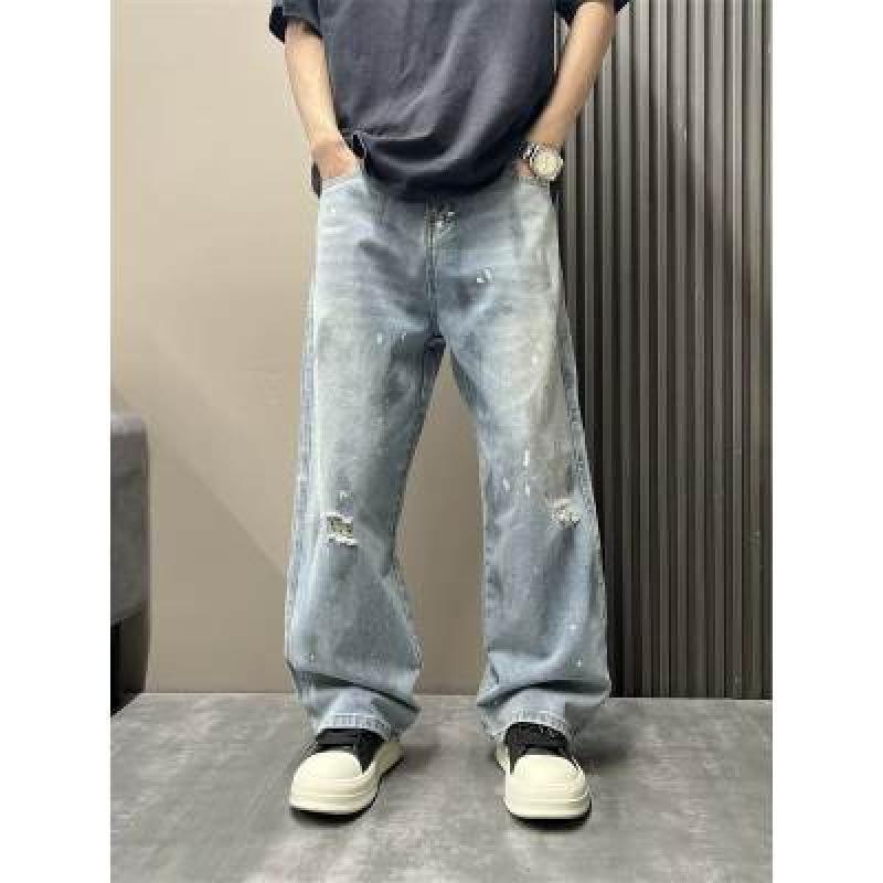 Ink splashing ripped straight loose wide-leg jeans men's spring and autumn trendy brand ruffian handsome American high street retro men's trousers