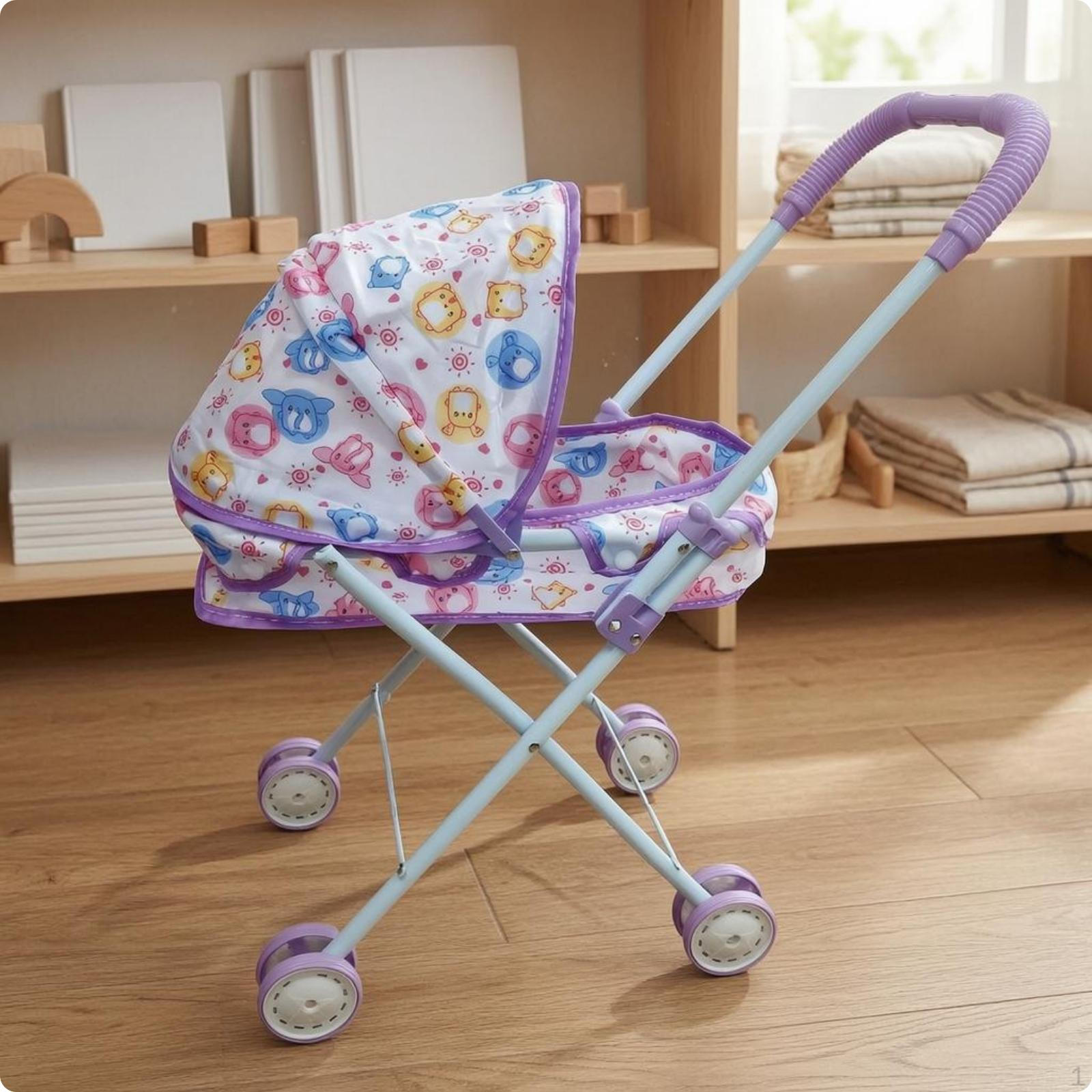 Foldable Doll Carriage Textile Seat Pretend Play Pushchair Lightweight for Children Purp Animal