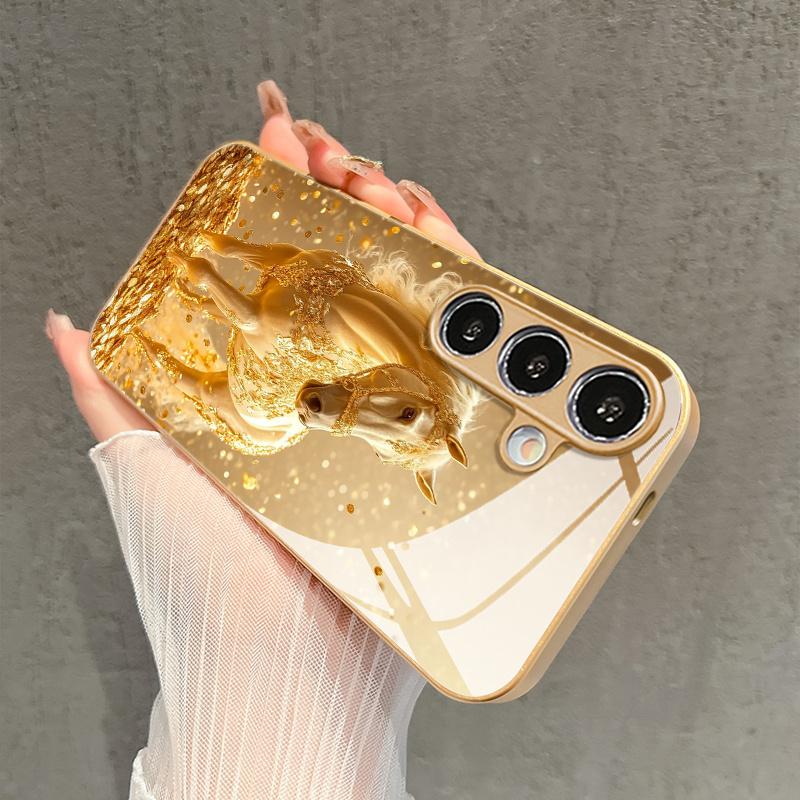 Stylish Golden Horse Pattern Glass Phone Case for Galaxy Ultra S24 S24 FE S24 Ultra S25 S25 Ultra S25 Plus S25 Edge