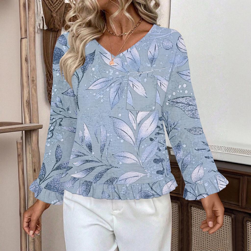 Women's Casual Fashion Ruffled V-Neck Pocket Floral Print Long Sleeve Top