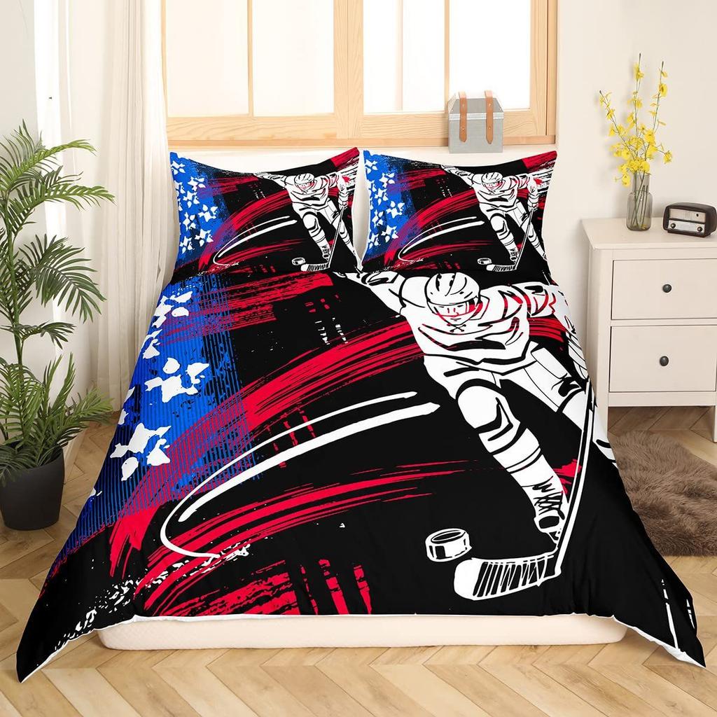 Hockey Sengetøy Sett Ishockey Seng Dynesett Barnas Vintersport Spill Tredelt Sett