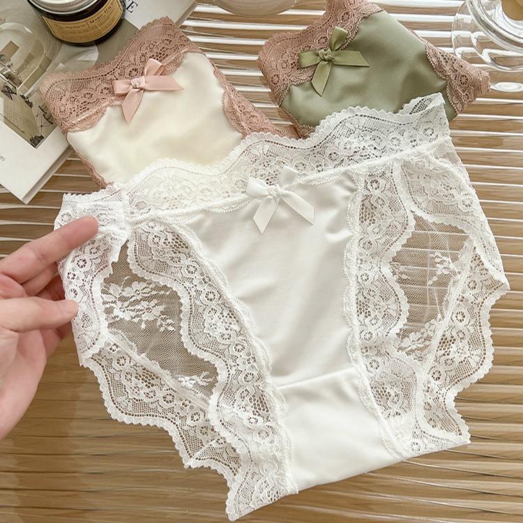 Pure Desire Lace Panties for Women Summer Thin Sexy Bow Satin Breathable Girl High Slit Low Waist Briefs