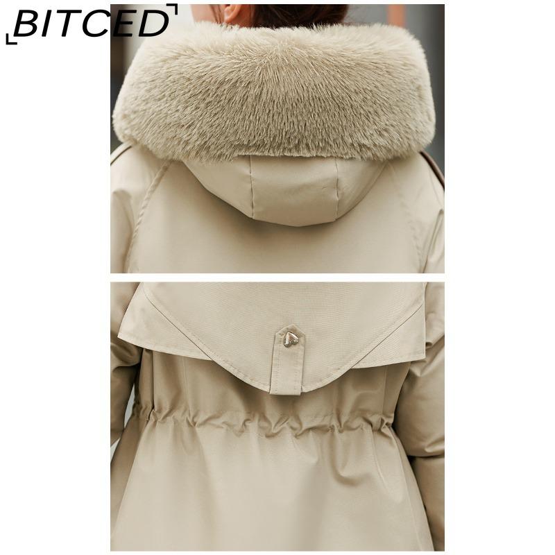 BITCED Fleece-Lined Thickened Down-Filled Cotton Coat for Women - Short Style Autumn/Winter Waist-Defining Design with Large Fur Collar