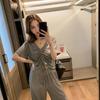 Sports Suit Women's Summer V-neck Short-sleeved Wide-leg Pants Two-piece Set Korean Style Loose Women's Casual Wear Fashion
