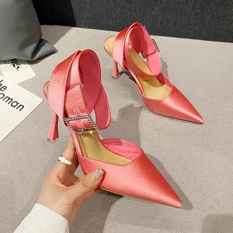 Fashion New Luxury Women's Sandals Sexy High Heels Temperamental Pointed Satin Baotou Square Buckle Rhinestone Party Shoes Summer