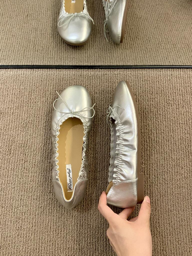 Flat-bottomed Small Silver Retro Light Mouth Gentle Single Shoes Women's Autumn New Bow Fairy Ballet Style Commuter Ladyshoes