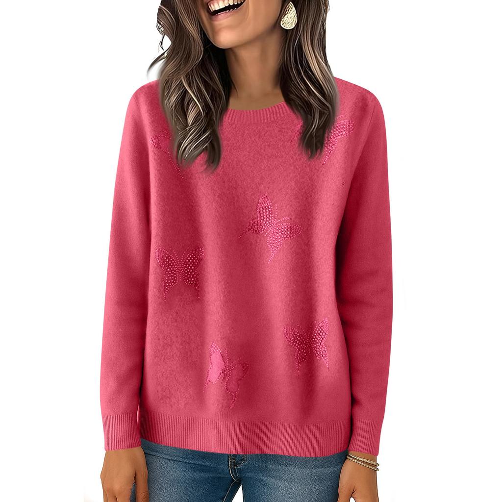 Women's Fashionable Solid Color Round Neck Long Sleeved Loose Base Shirt With Rhinestone Butterfly Knit Sweater Top