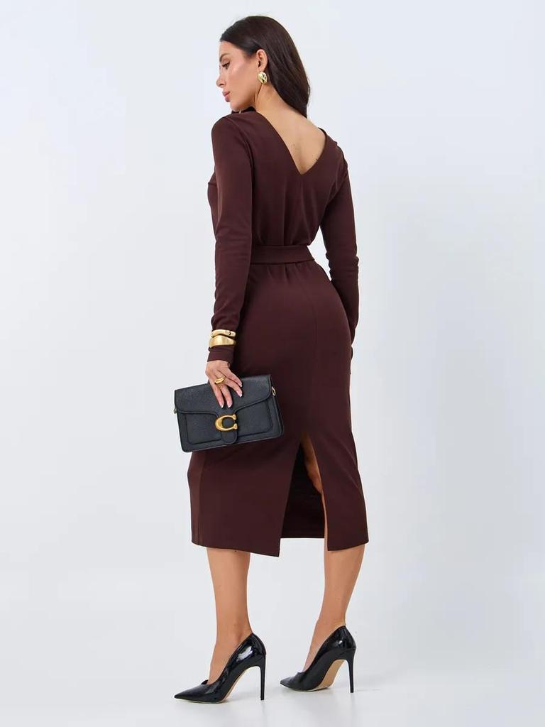 European & American Women's V-Neck Slim Fit Long Sleeve Midi Dress